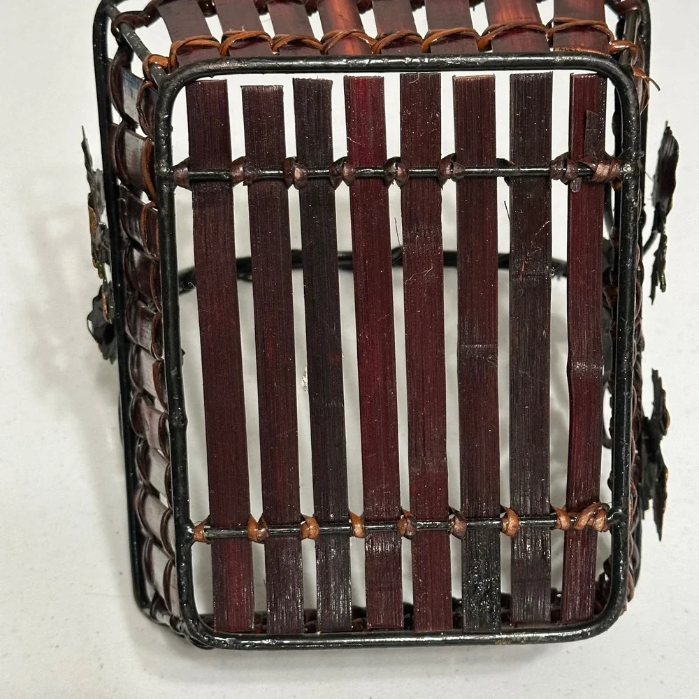 Grape Vine Metal & Bamboo Wood Slat Decorative Basket with Handle Rustic Vintage